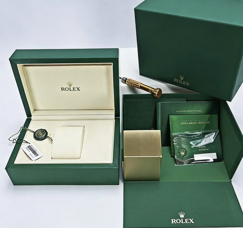 Green luxury watch presentation box with matching documents