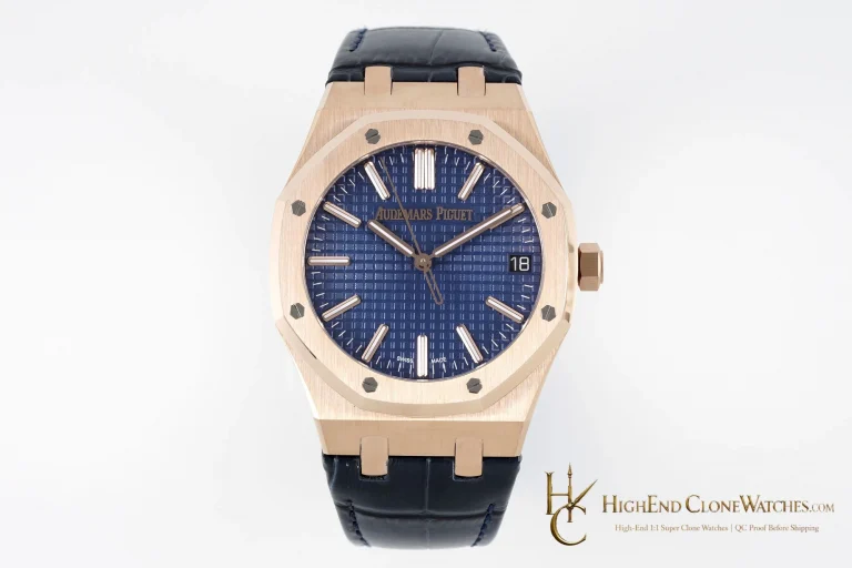 Audemars Piguet Royal Oak 15510 Rose Gold Blue Dial Alligator Leather Strap 41mm super clone watch front view