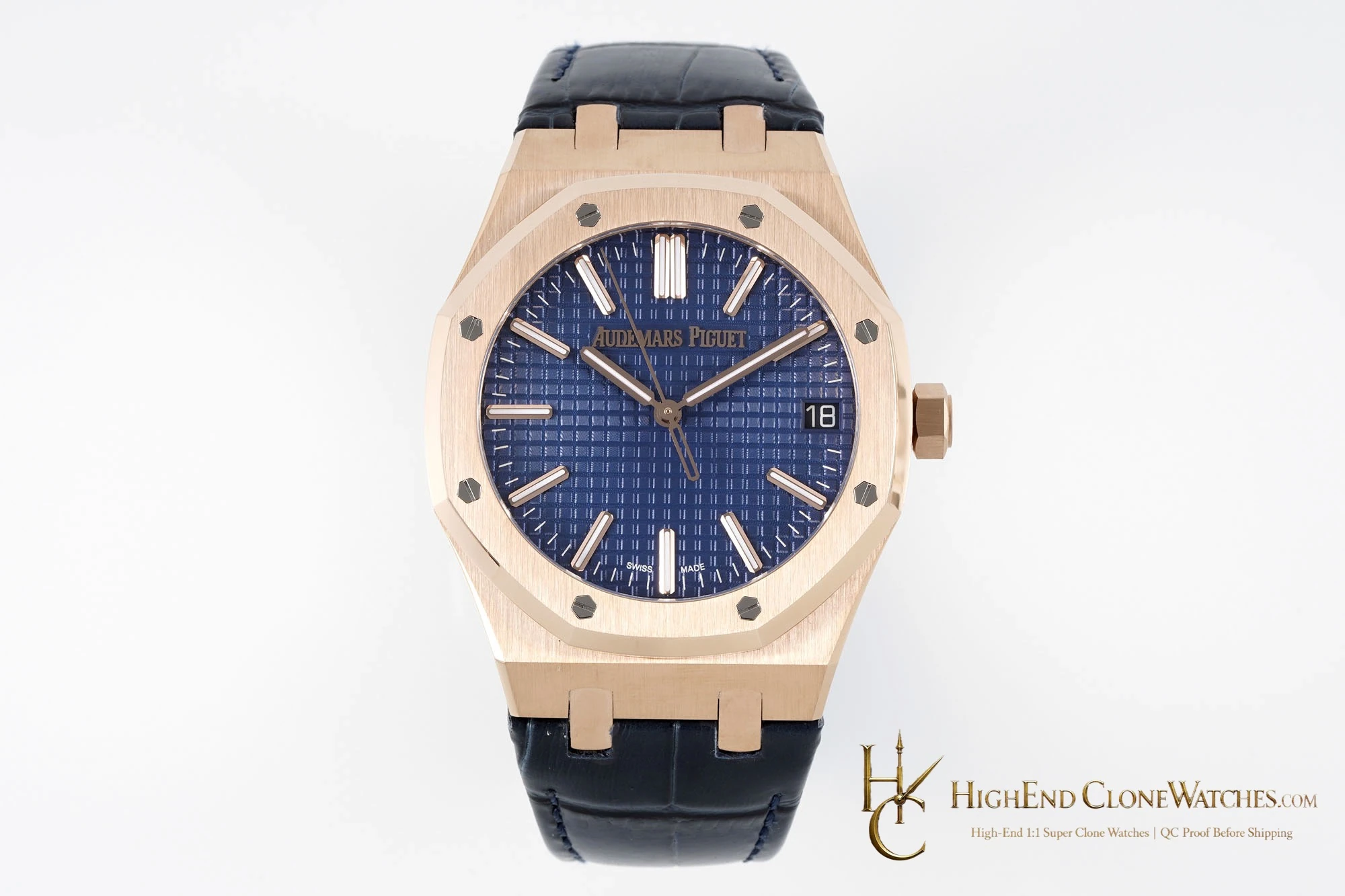 Audemars Piguet Royal Oak 15510 Rose Gold Blue Dial Alligator Leather Strap 41mm super clone watch front view