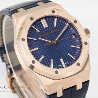 Audemars Piguet Royal Oak 15510 Rose Gold Blue Dial Alligator Leather Strap 41mm super clone watch dial detail