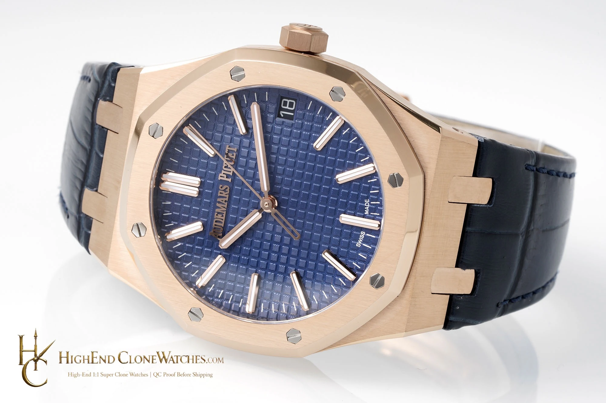 Audemars Piguet Royal Oak 15510 Rose Gold Blue Dial Alligator Leather Strap 41mm super clone watch bracelet or strap fit