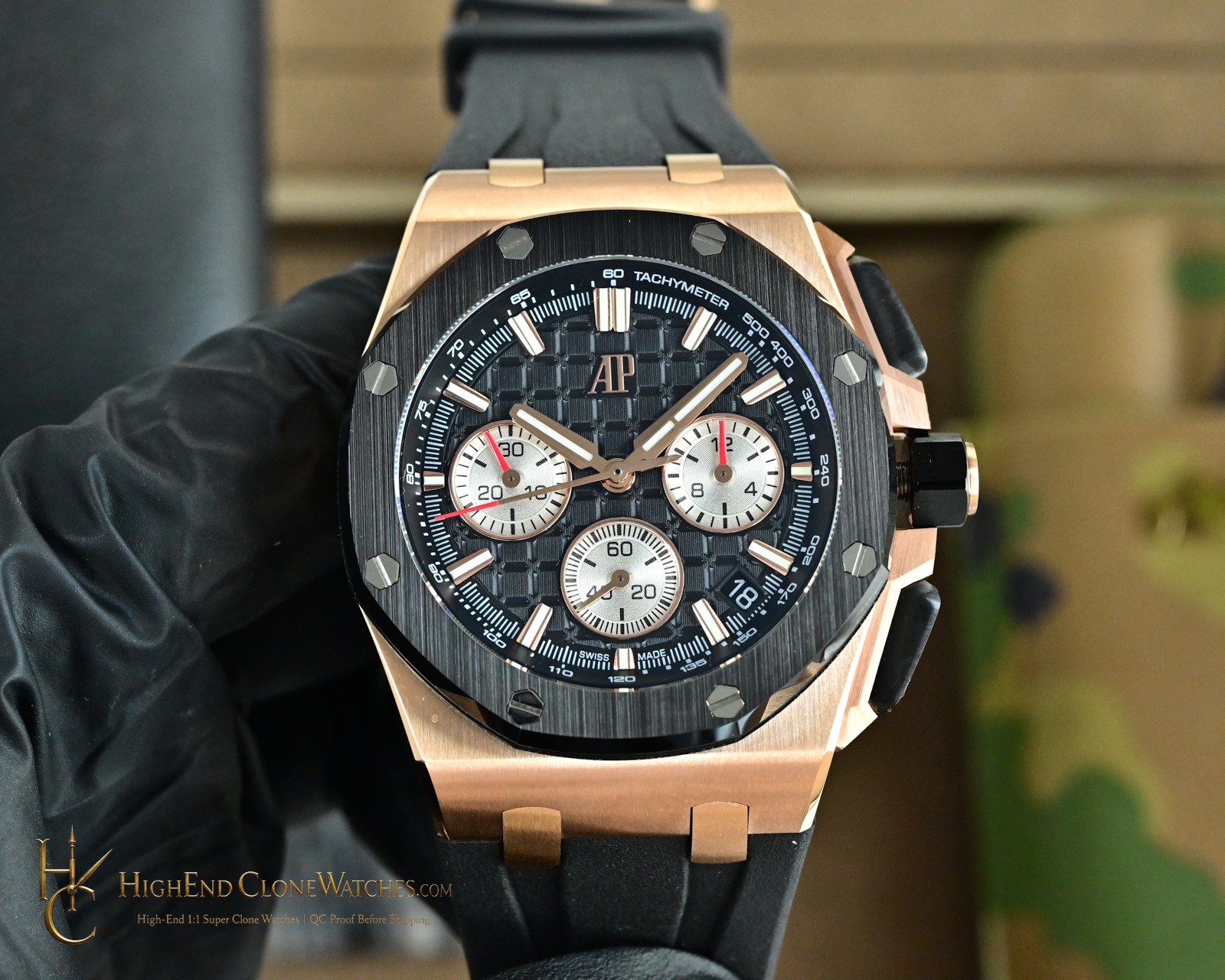Audemars Piguet Royal Oak Offshore Rose Gold Black Dial 26420 Selfwinding Chronograph super clone watch front view