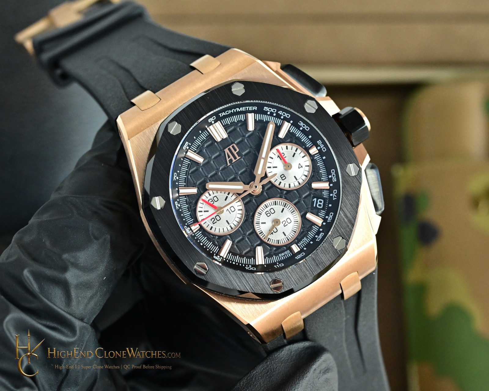 Audemars Piguet Royal Oak Offshore Rose Gold Black Dial 26420 Selfwinding Chronograph super clone watch dial detail