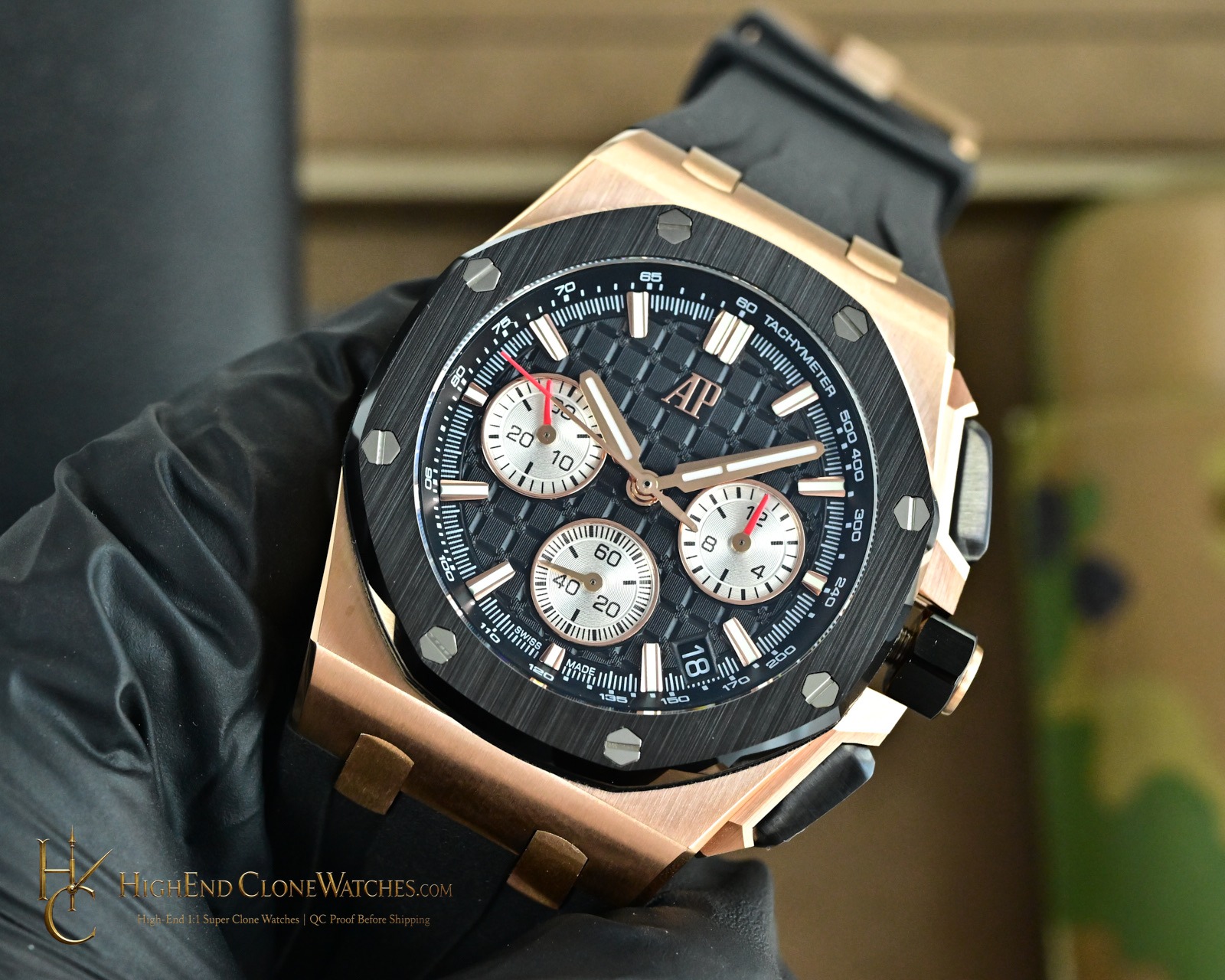 Audemars Piguet Royal Oak Offshore Rose Gold Black Dial 26420 Selfwinding Chronograph super clone watch bezel detail