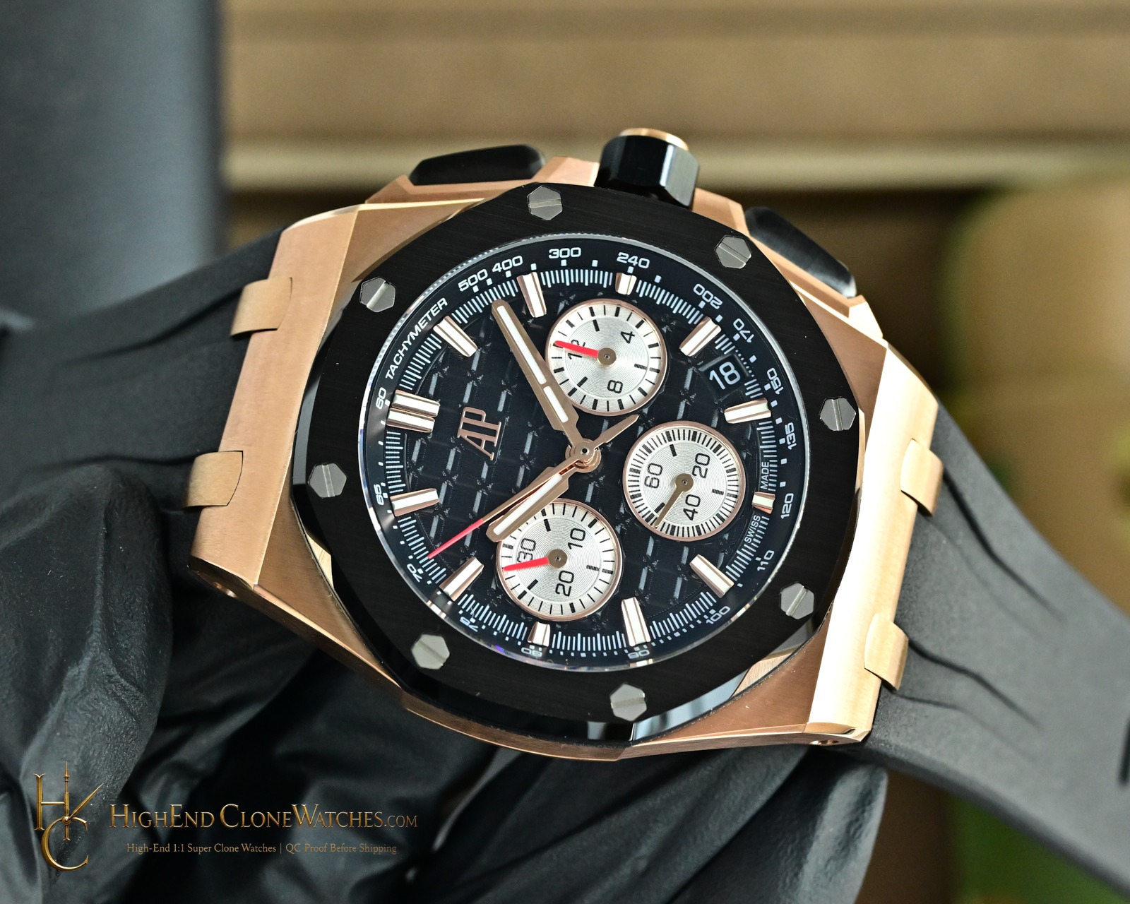 Audemars Piguet Royal Oak Offshore Rose Gold Black Dial 26420 Selfwinding Chronograph super clone watch side case profile