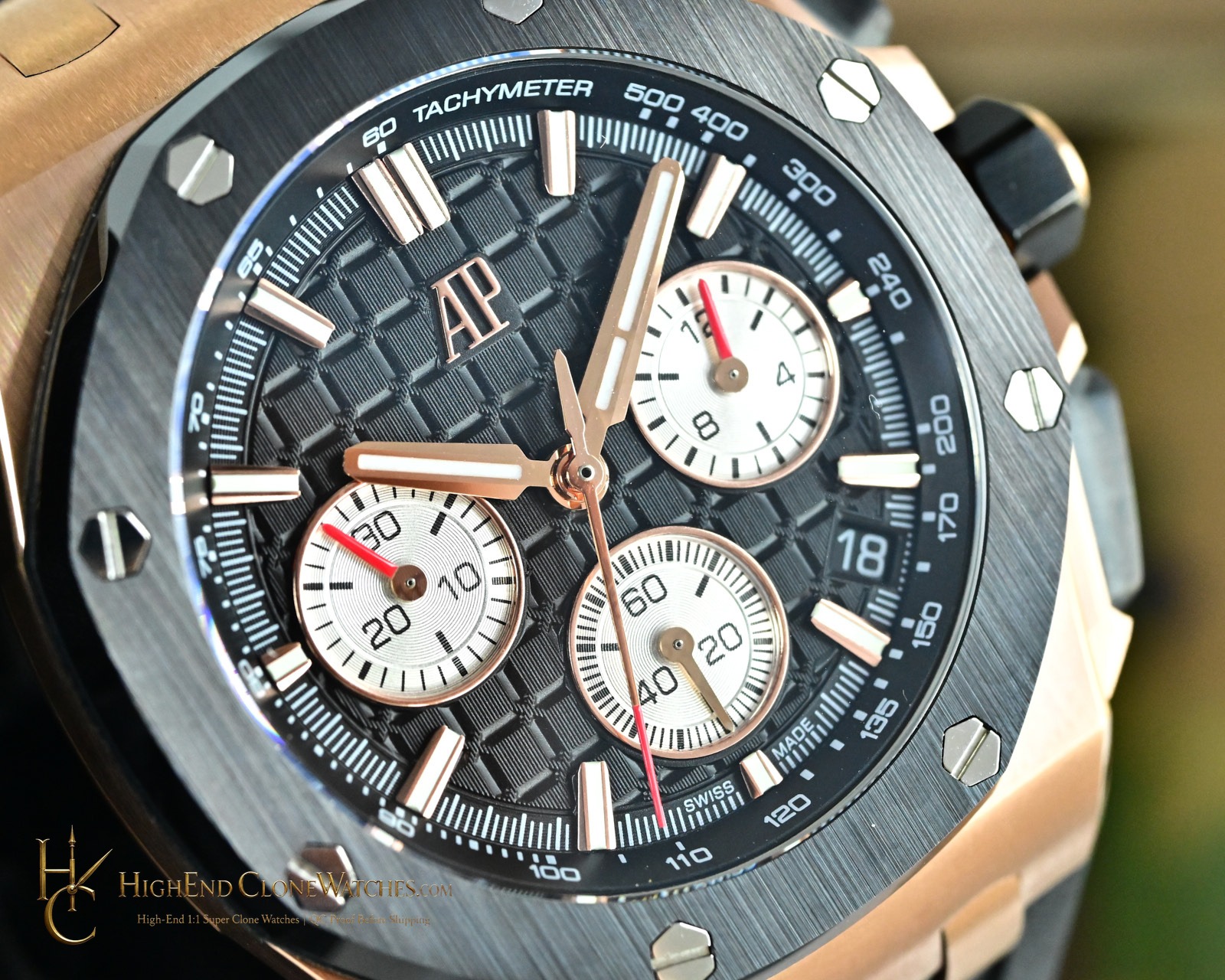 Audemars Piguet Royal Oak Offshore Rose Gold Black Dial 26420 Selfwinding Chronograph super clone watch angled view