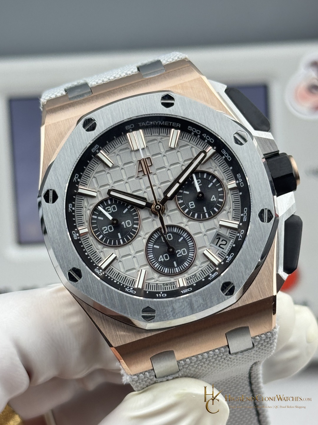 Audemars Piguet Royal Oak Offshore Rose Gold Gray Dial 26420 Selfwinding Chronograph super clone watch side case profile