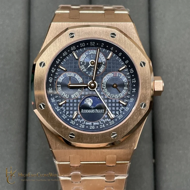 Audemars Piguet Royal Oak Perpetual Calendar Rose Gold Blue Dial 26574OR 41mm super clone watch front view