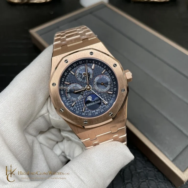 Audemars Piguet Royal Oak Perpetual Calendar Rose Gold Blue Dial 26574OR 41mm super clone watch dial detail