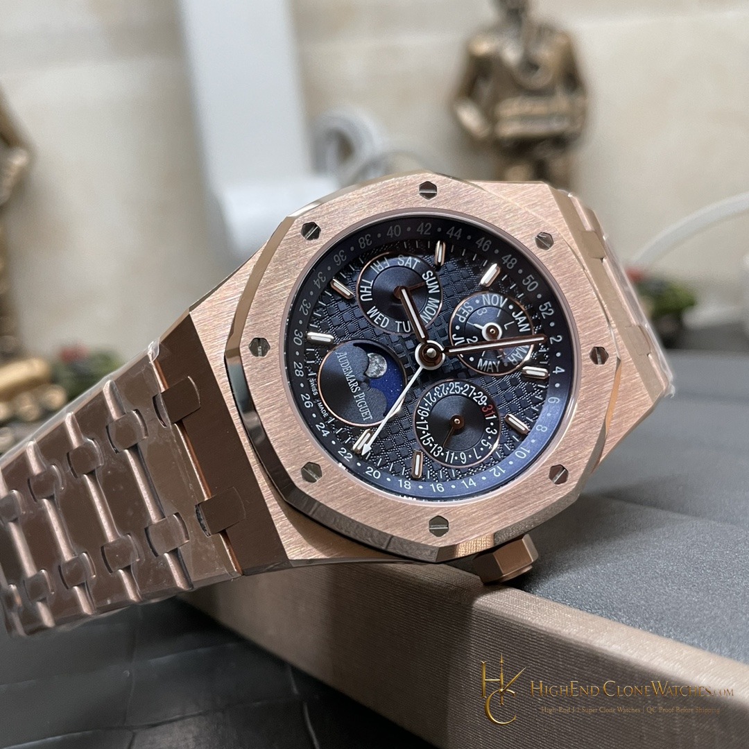 Audemars Piguet Royal Oak Perpetual Calendar Rose Gold Blue Dial 26574OR 41mm super clone watch side case profile