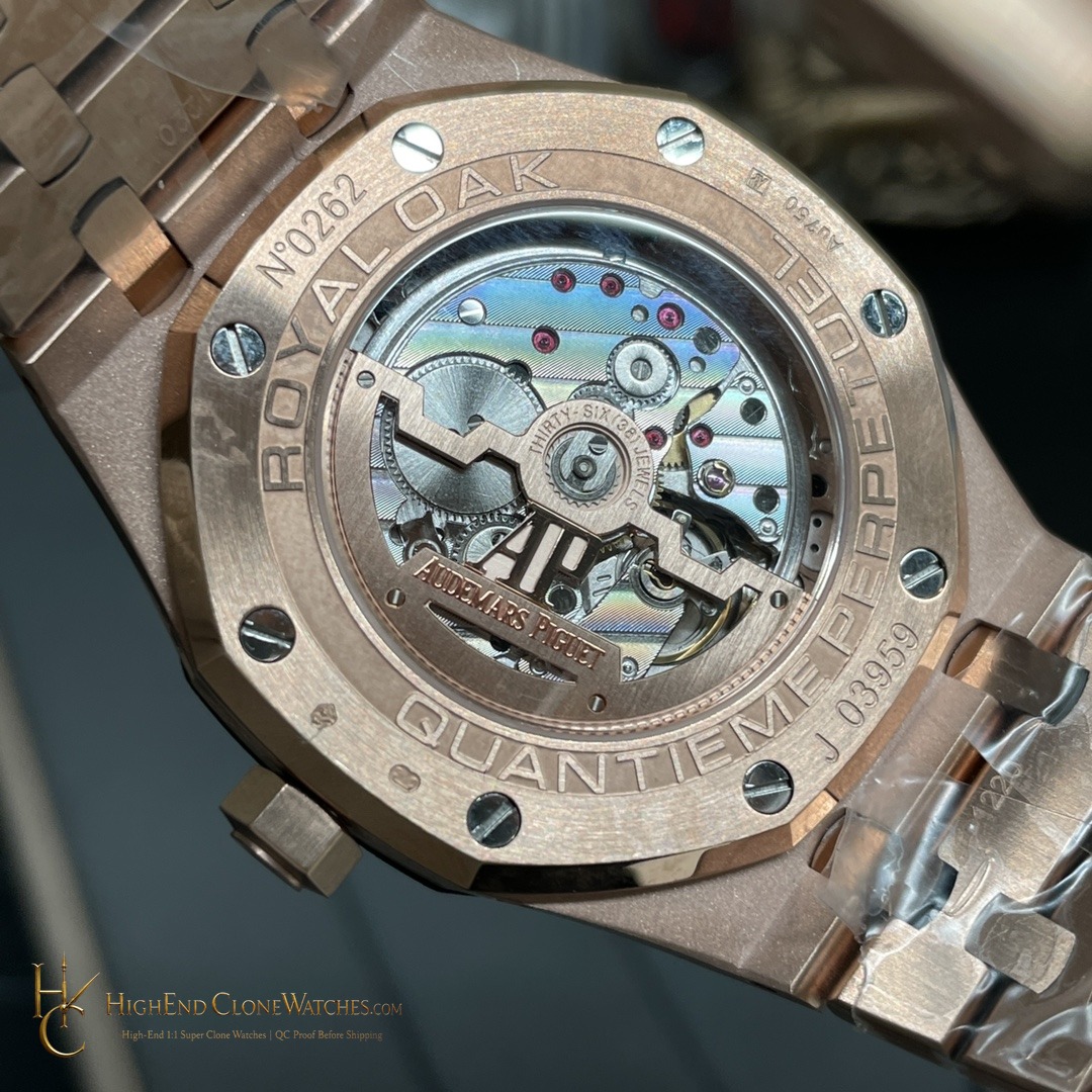 Audemars Piguet Royal Oak Perpetual Calendar Rose Gold Blue Dial 26574OR 41mm super clone watch caseback detail