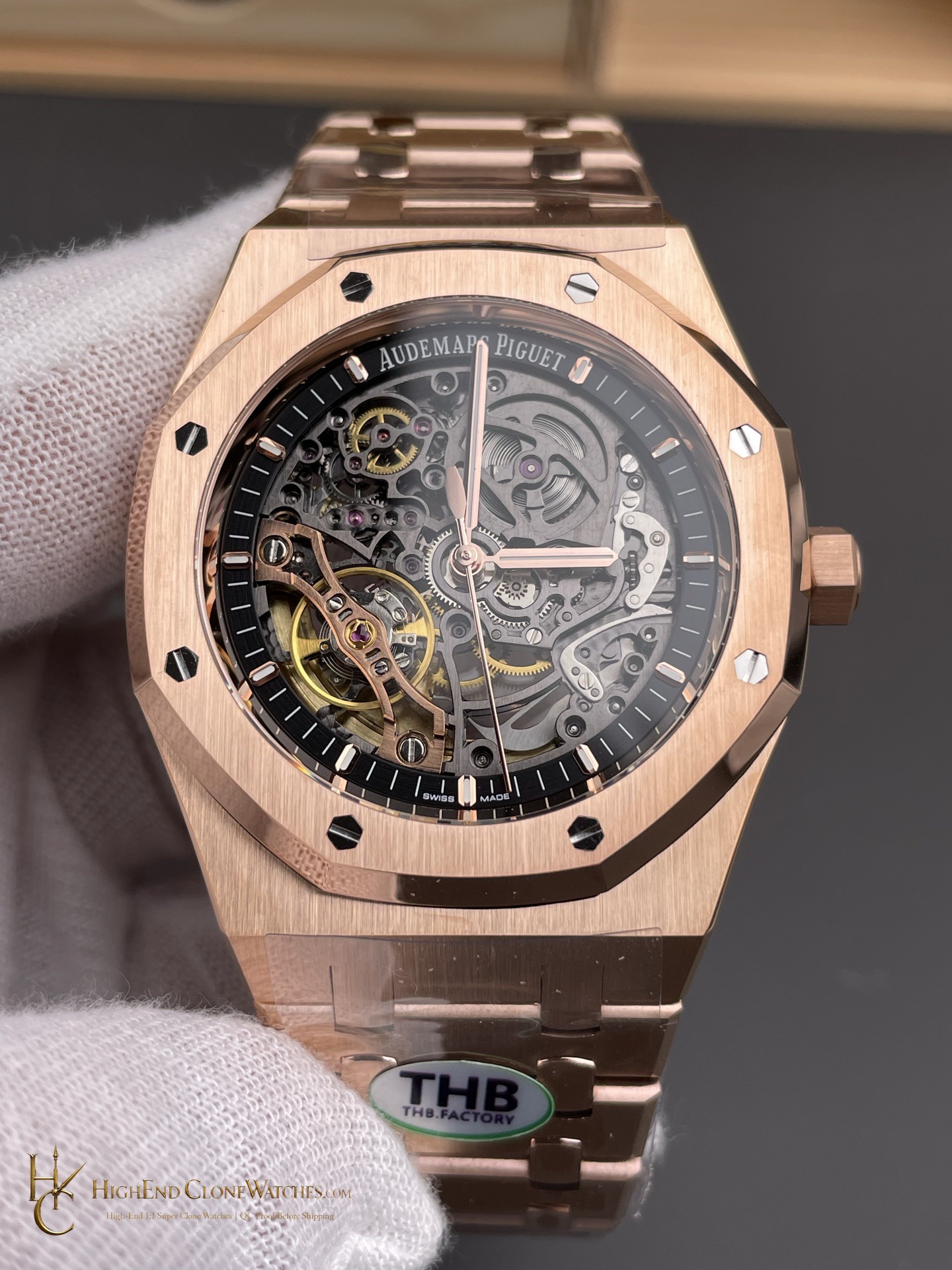Audemars Piguet Royal Oak Rose Gold 15407 Skeleton Dial super clone watch bezel detail