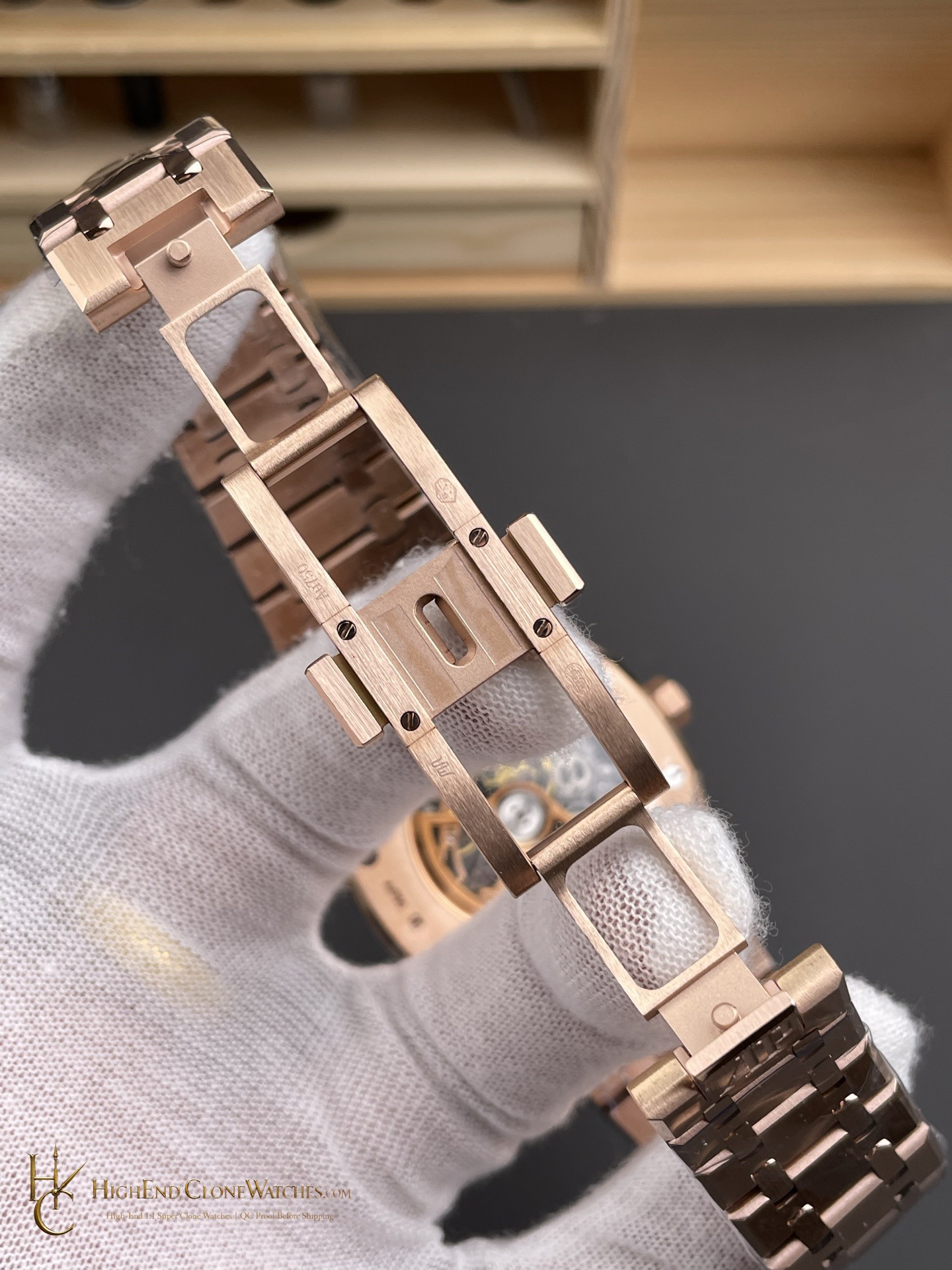 Audemars Piguet Royal Oak Rose Gold 15407 Skeleton Dial super clone watch caseback detail