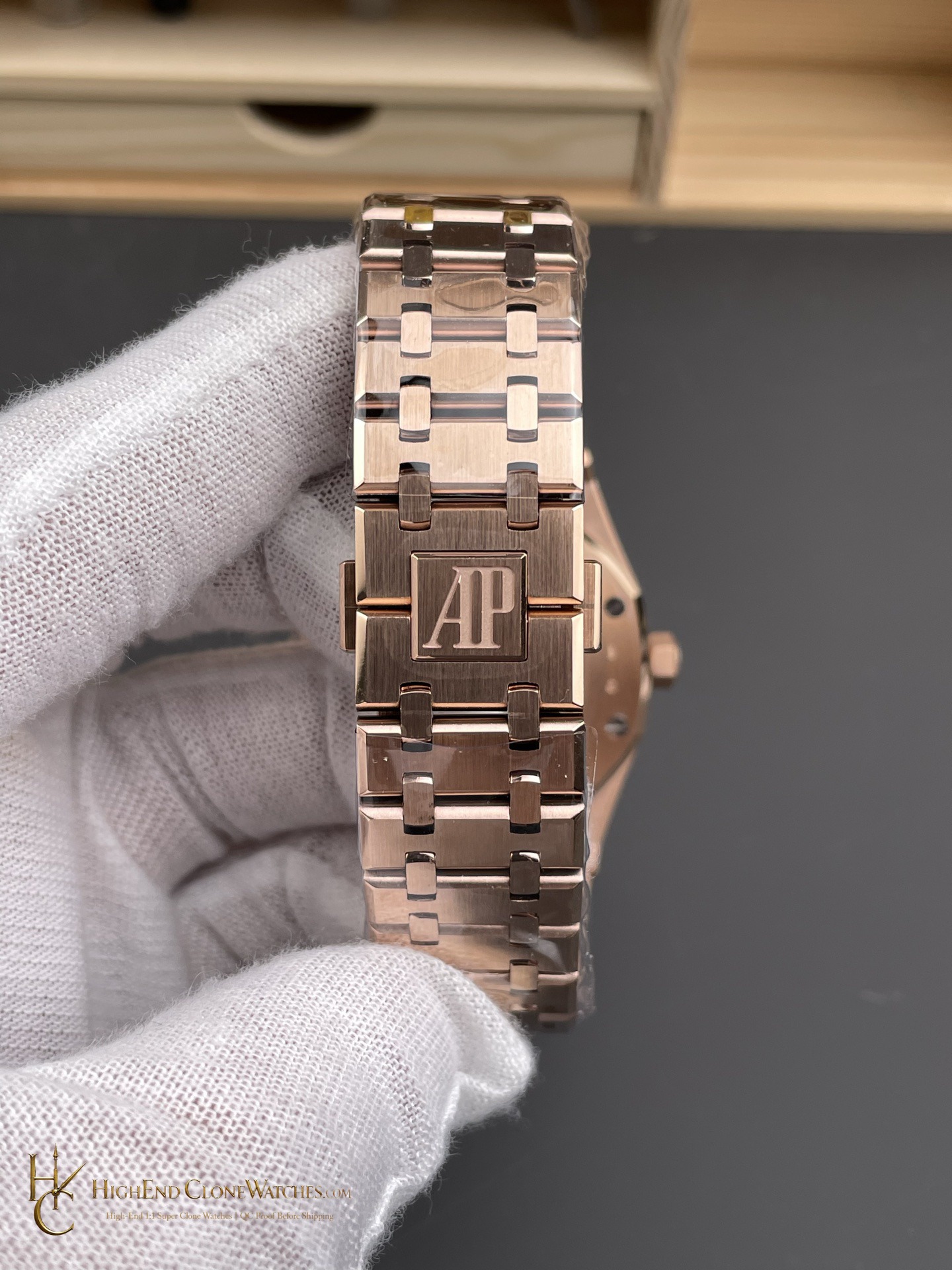 Audemars Piguet Royal Oak Rose Gold 15407 Skeleton Dial super clone watch wrist shot