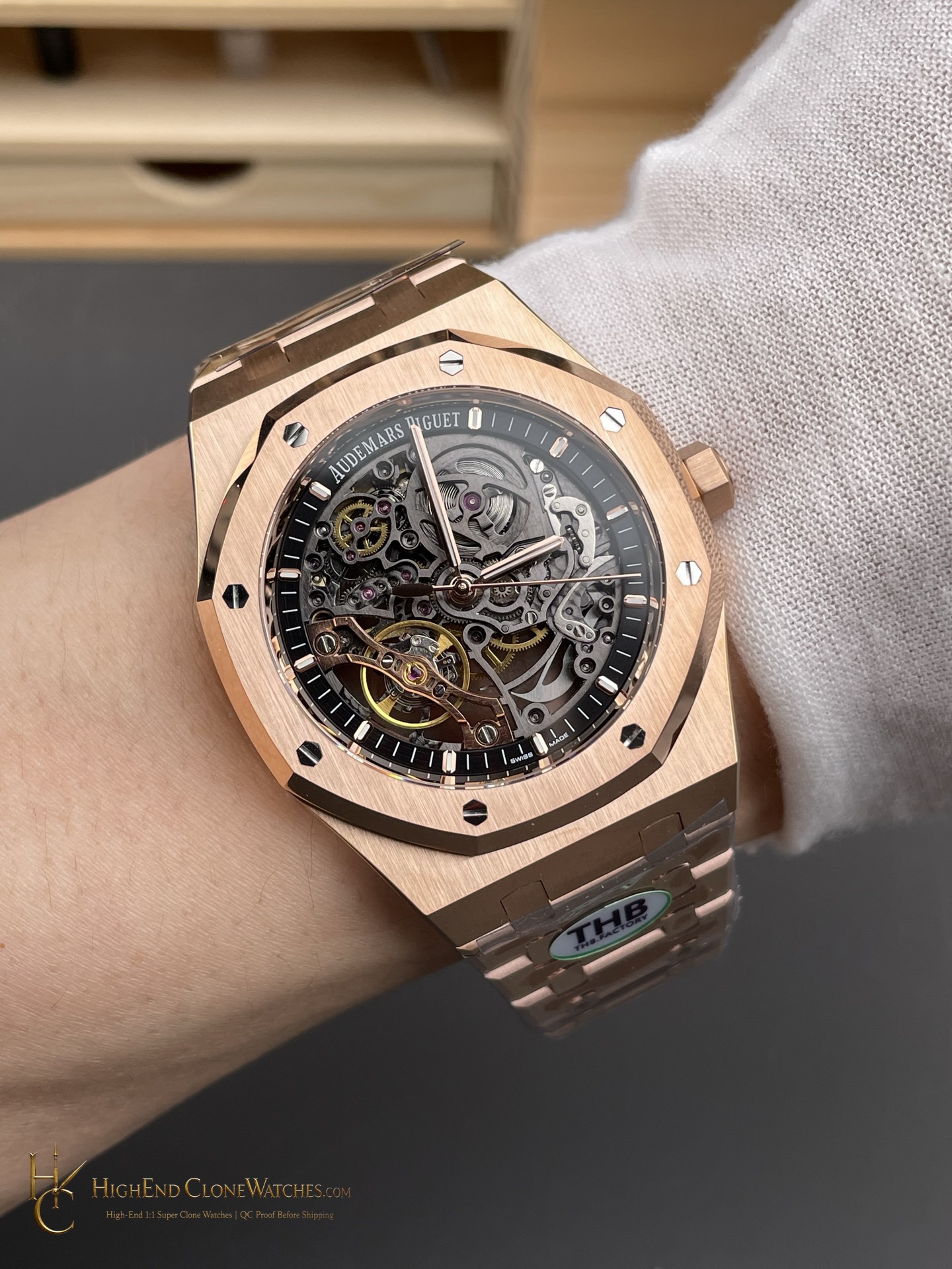 Audemars Piguet Royal Oak Rose Gold 15407 Skeleton Dial super clone watch angled view