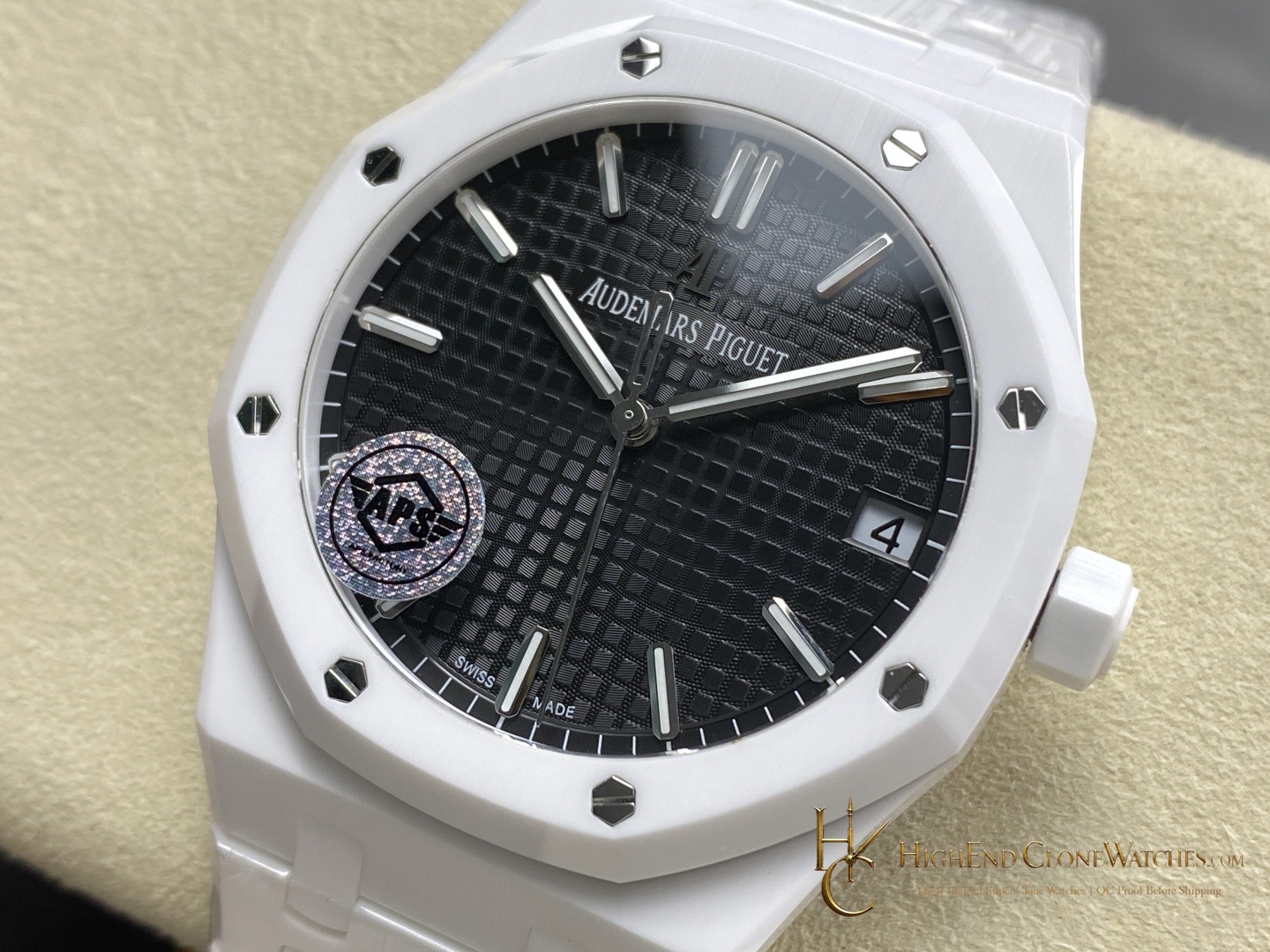 Audemars Piguet Royal Oak White Ceramic 15500 Black Dial 41mm super clone watch bezel detail
