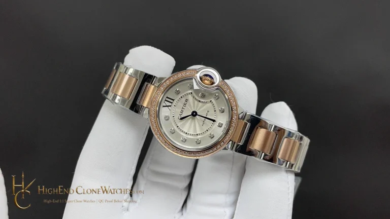 Cartier Ballon Bleu stone-set bezel and silver dial at an angle