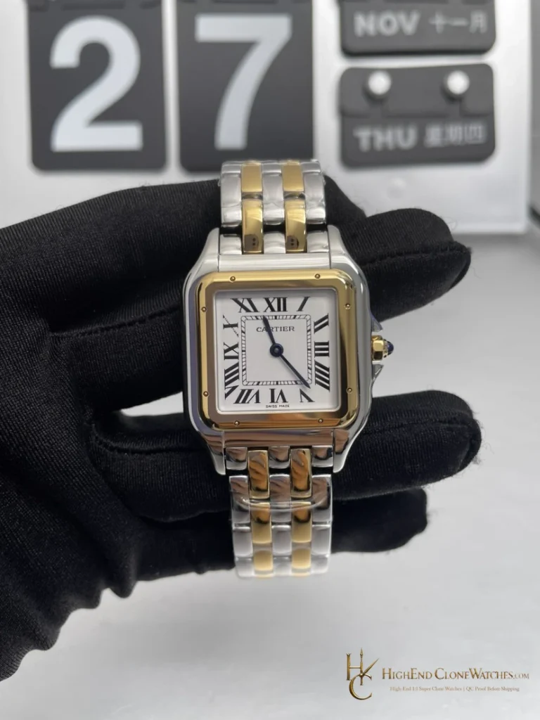 Cartier Panthere W2PN0007 white Roman dial and two-tone bracelet front view