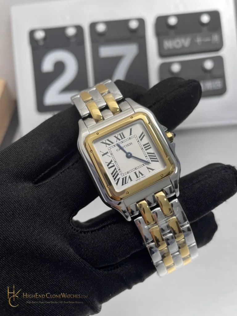 Cartier Panthere W2PN0007 yellow-gold-tone bezel and articulated bracelet angled view