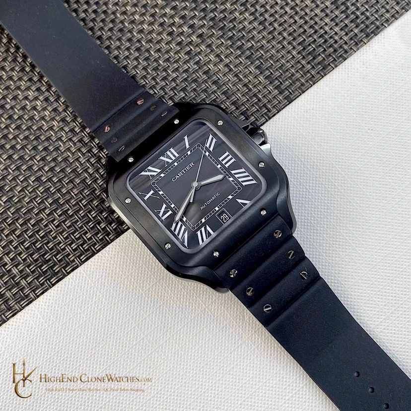 Cartier Santos WSSA0039 black Roman dial and rubber strap full front