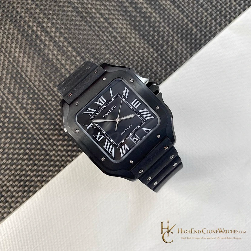 Cartier Santos WSSA0039 matte black dial and lower-right offset date aperture front view