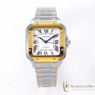 Cartier Santos W2SA0016 white no-date two-tone super clone watch, straight front view