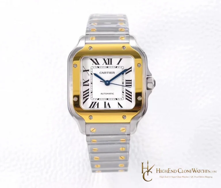 Cartier Santos W2SA0016 white no-date two-tone super clone watch, straight front view
