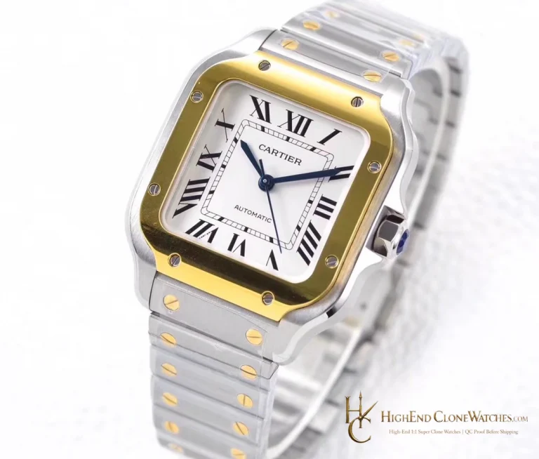 Cartier Santos W2SA0016 yellow-gold PVD bezel crown-side angle