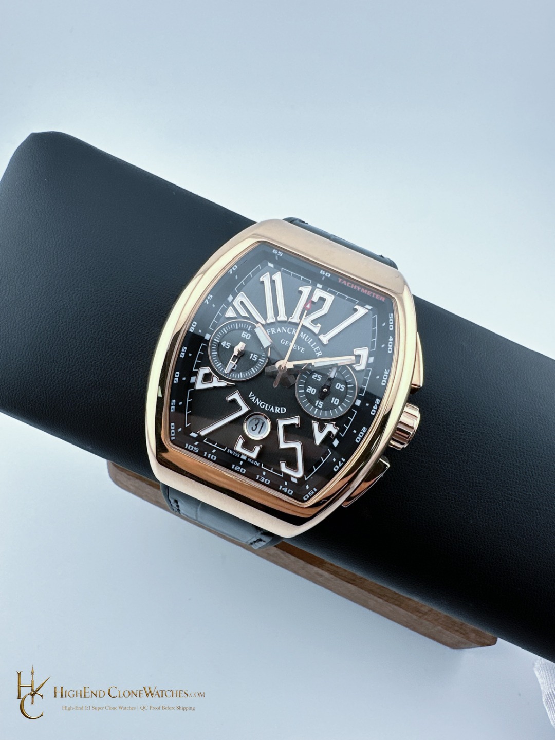 Franck Muller Vanguard Chronograph 45CCGLDBRNLD1 crown and case detail super clone watch
