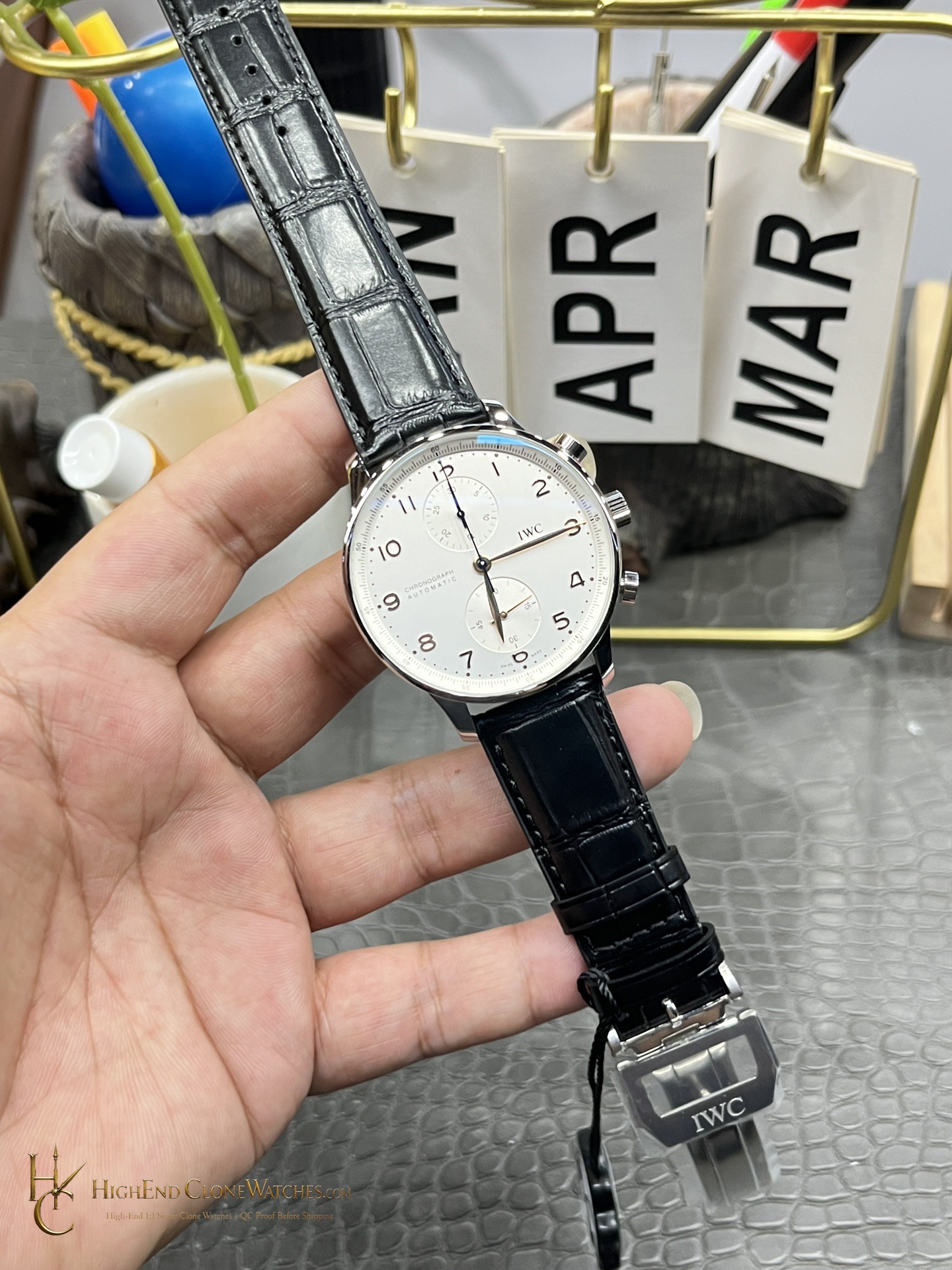 IWC Portugieser Chronograph Silver Dial 41mm IW371445 super clone watch angled view