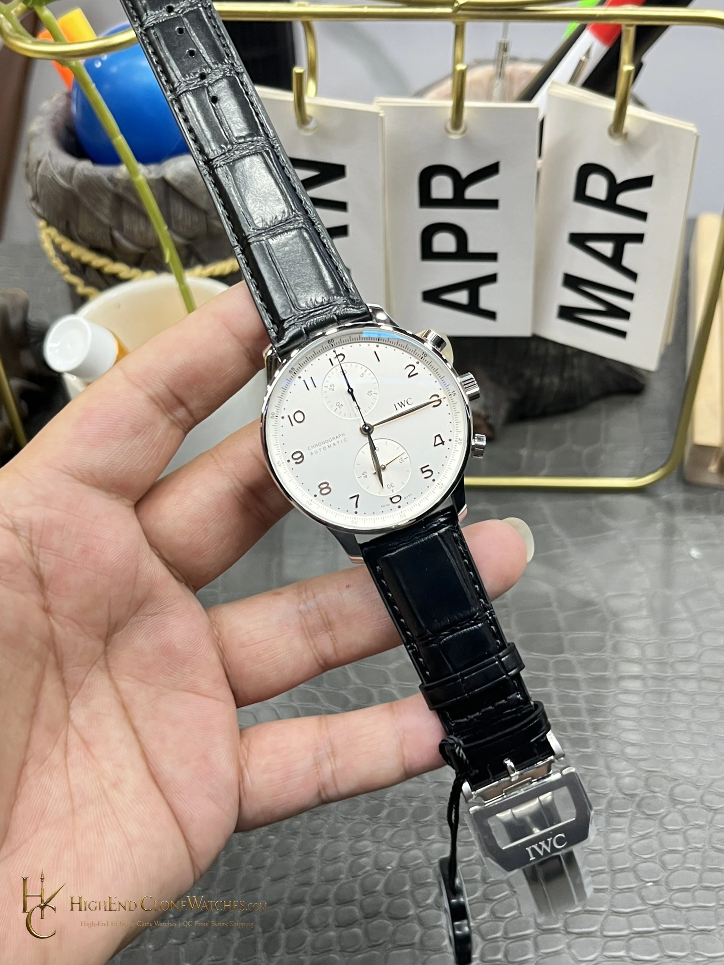 IWC Portugieser Chronograph Silver Dial 41mm IW371445 super clone watch angled view