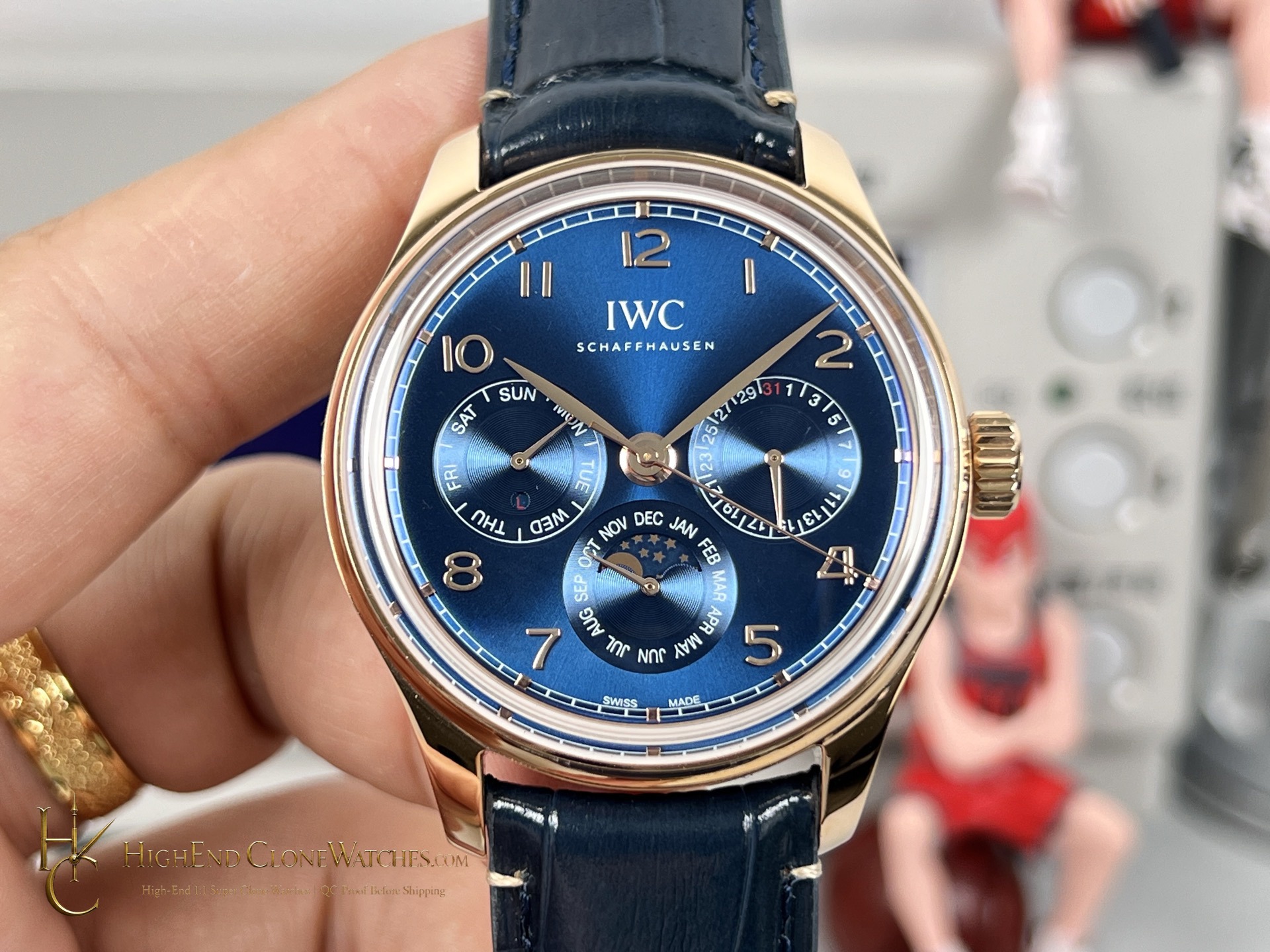 IWC Portugieser Rose Gold Blue Dial Perpetual Calendar 42mm IW344205 super clone watch front view