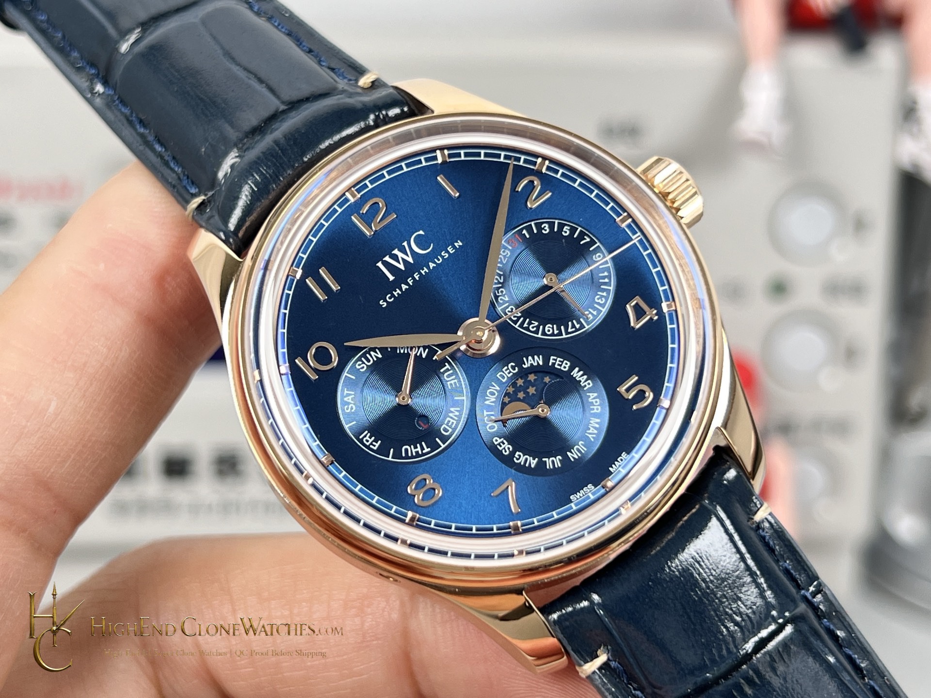 IWC Portugieser Rose Gold Blue Dial Perpetual Calendar 42mm IW344205 super clone watch dial detail