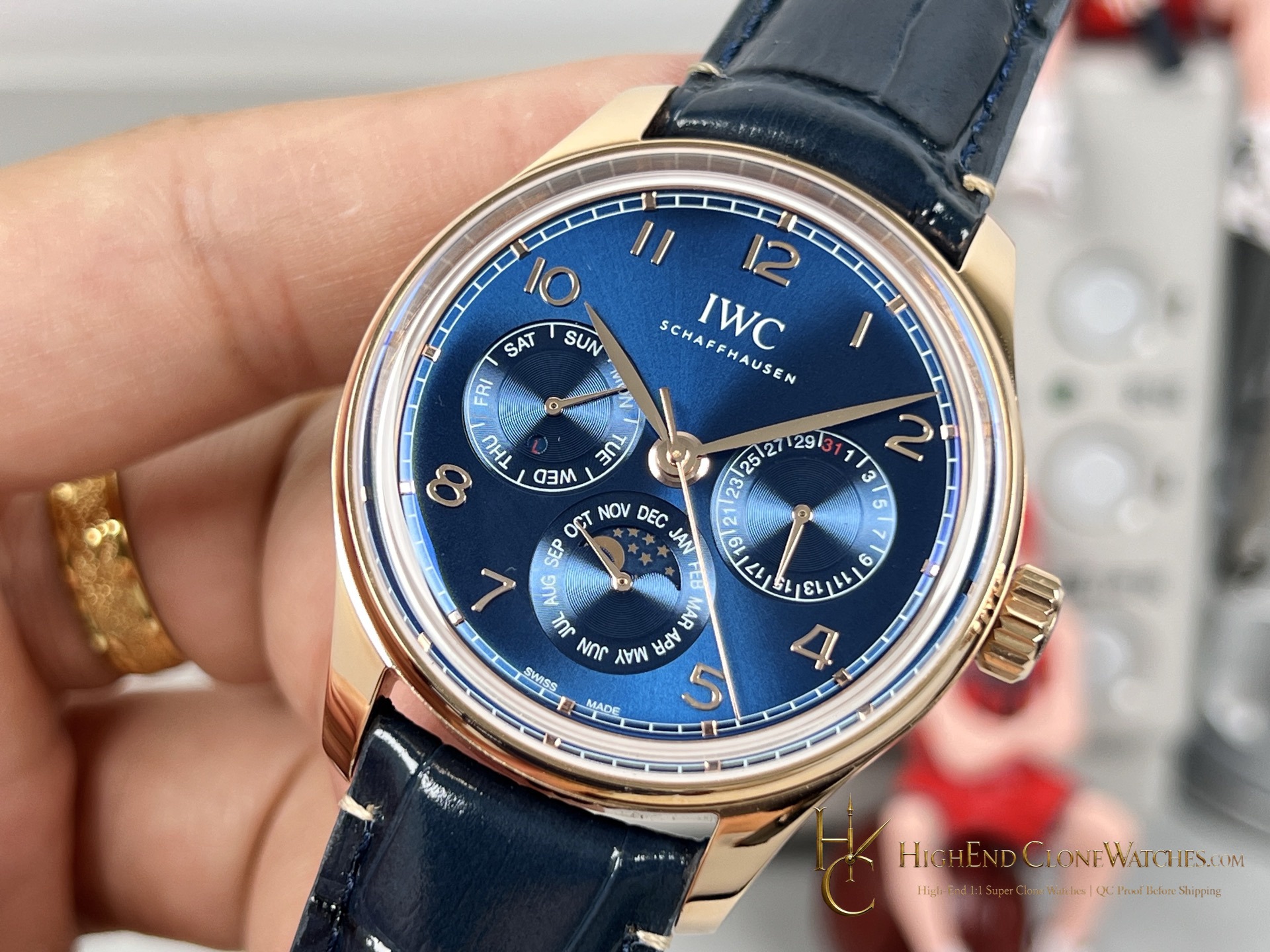 IWC Portugieser Rose Gold Blue Dial Perpetual Calendar 42mm IW344205 super clone watch bezel detail