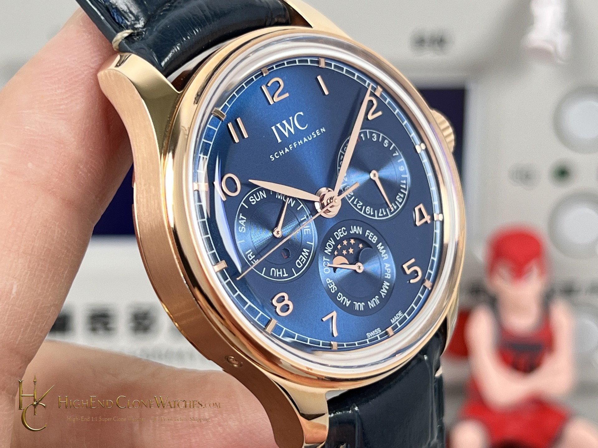 IWC Portugieser Rose Gold Blue Dial Perpetual Calendar 42mm IW344205 super clone watch side case profile