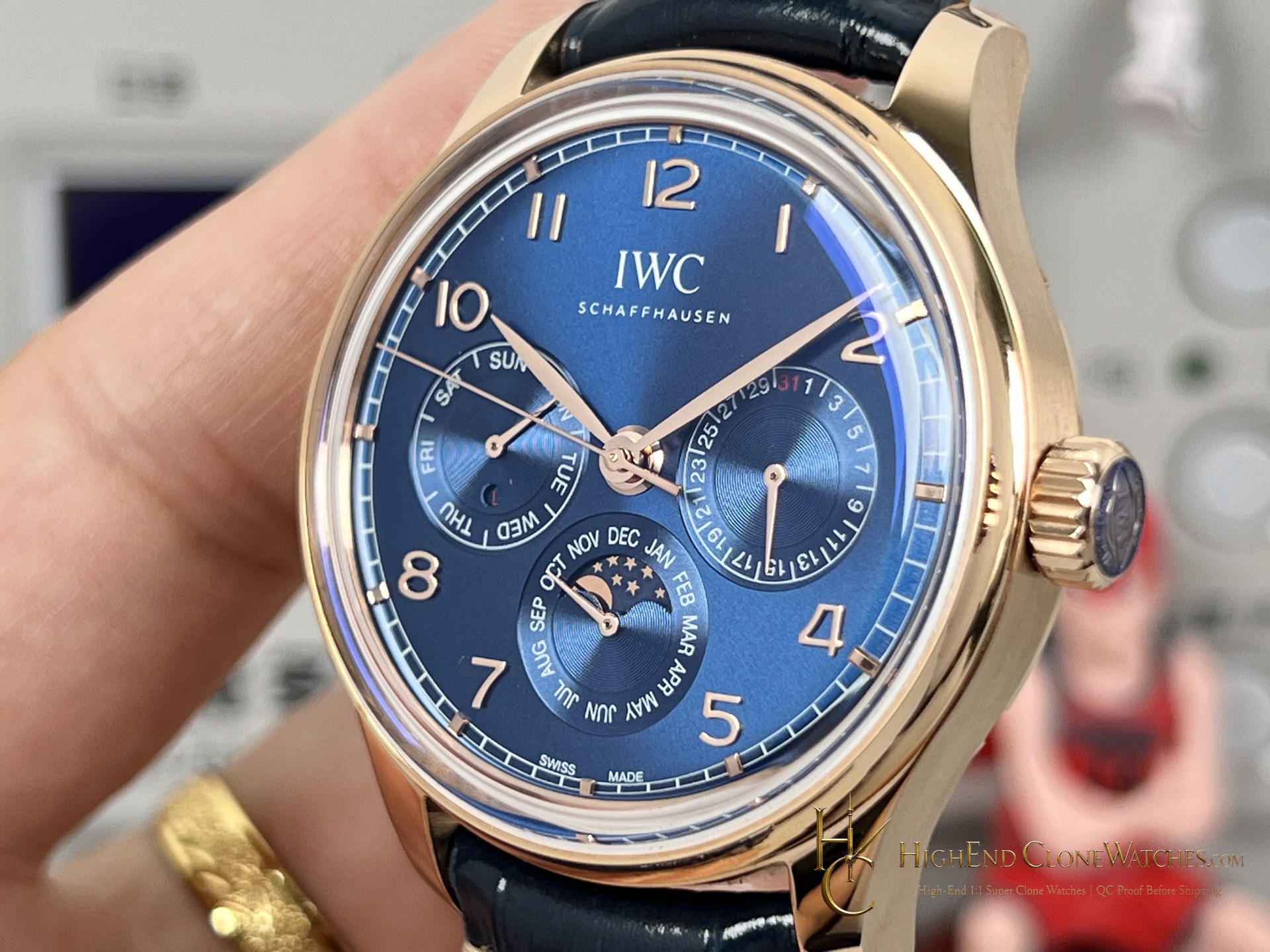 IWC Portugieser Rose Gold Blue Dial Perpetual Calendar 42mm IW344205 super clone watch bracelet or strap fit