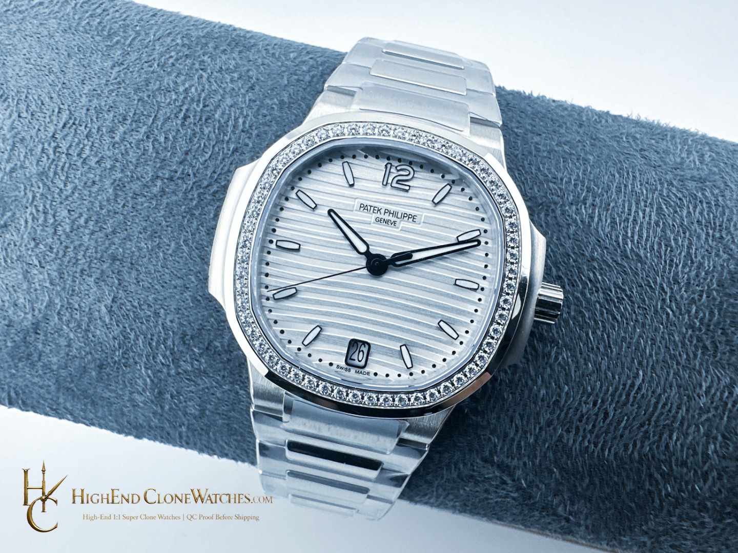 Patek Philippe Nautilus White Dial Diamond Frame 7118/1200A-010 35.2mm product view super clone watch