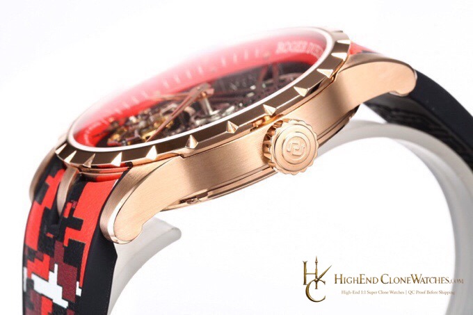 Roger Dubuis Excalibur RDDBEX0938 crown and case detail super clone watch