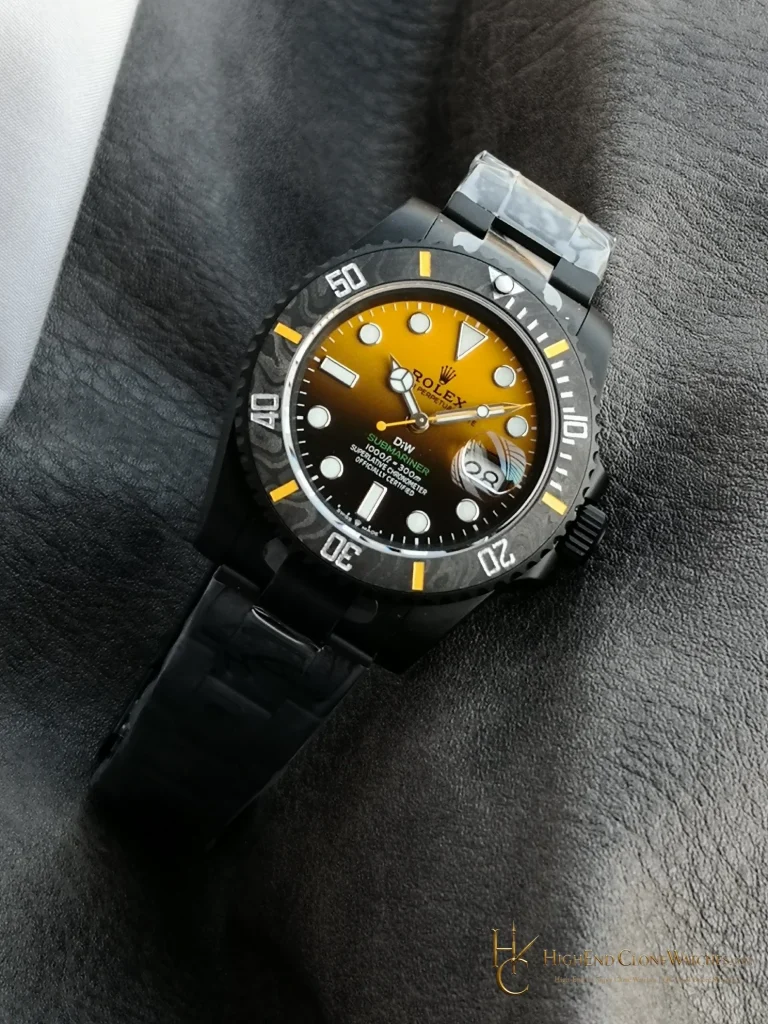DiW Rolex Submariner carbon case and orange gradient dial front view super clone watch