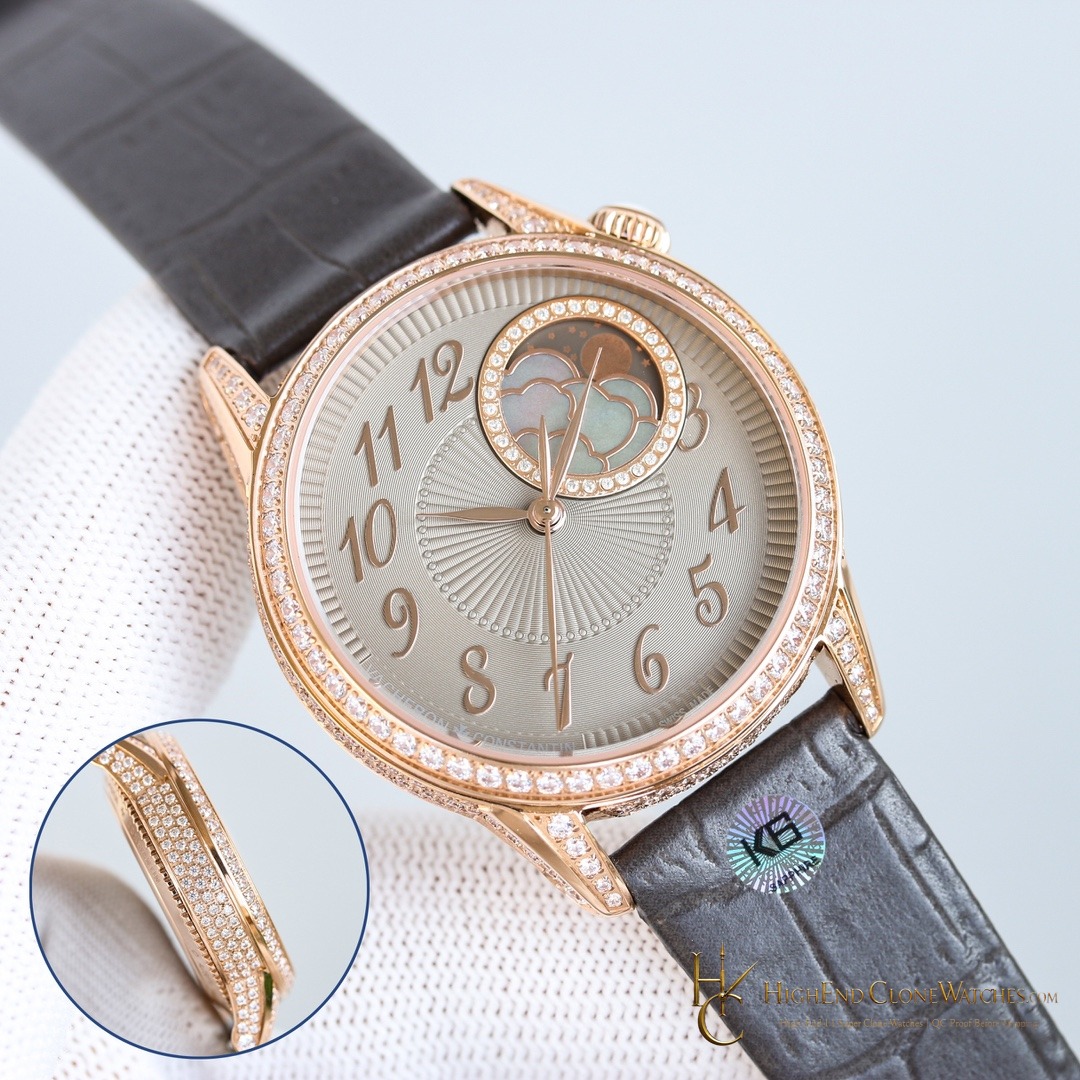 Vacheron Constantin Egerie Moon Phase 8005F/000R-B958 angled dial view super clone watch