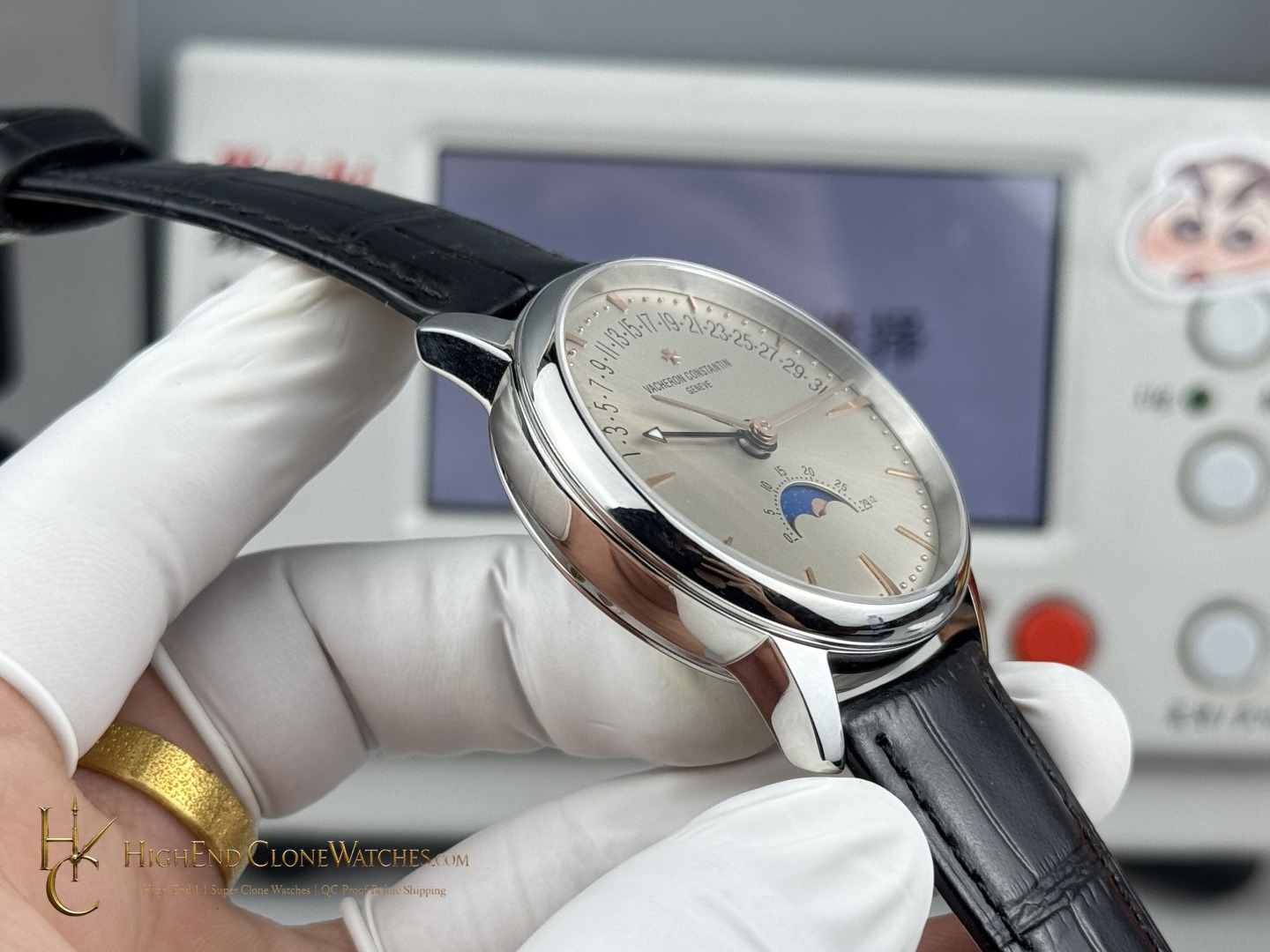 Vacheron Constantin Patrimony Moon Phase Retrograde Date 4010U/000G-B330 crown and case detail super clone watch