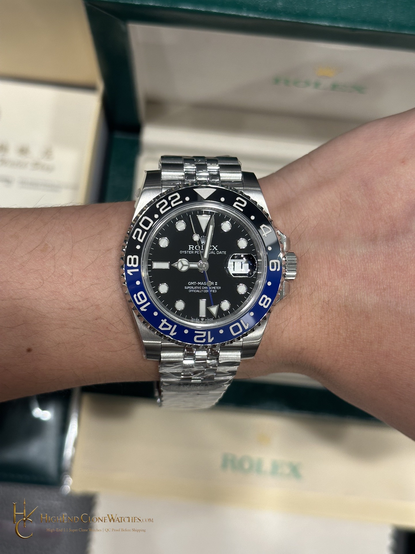 Rolex GMT-Master II 126710BLNR angled dial view super clone watch