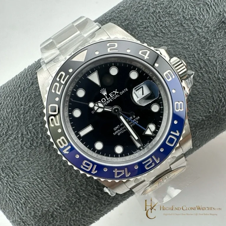 Rolex GMT-Master II 126710BLNR angled dial view super clone watch