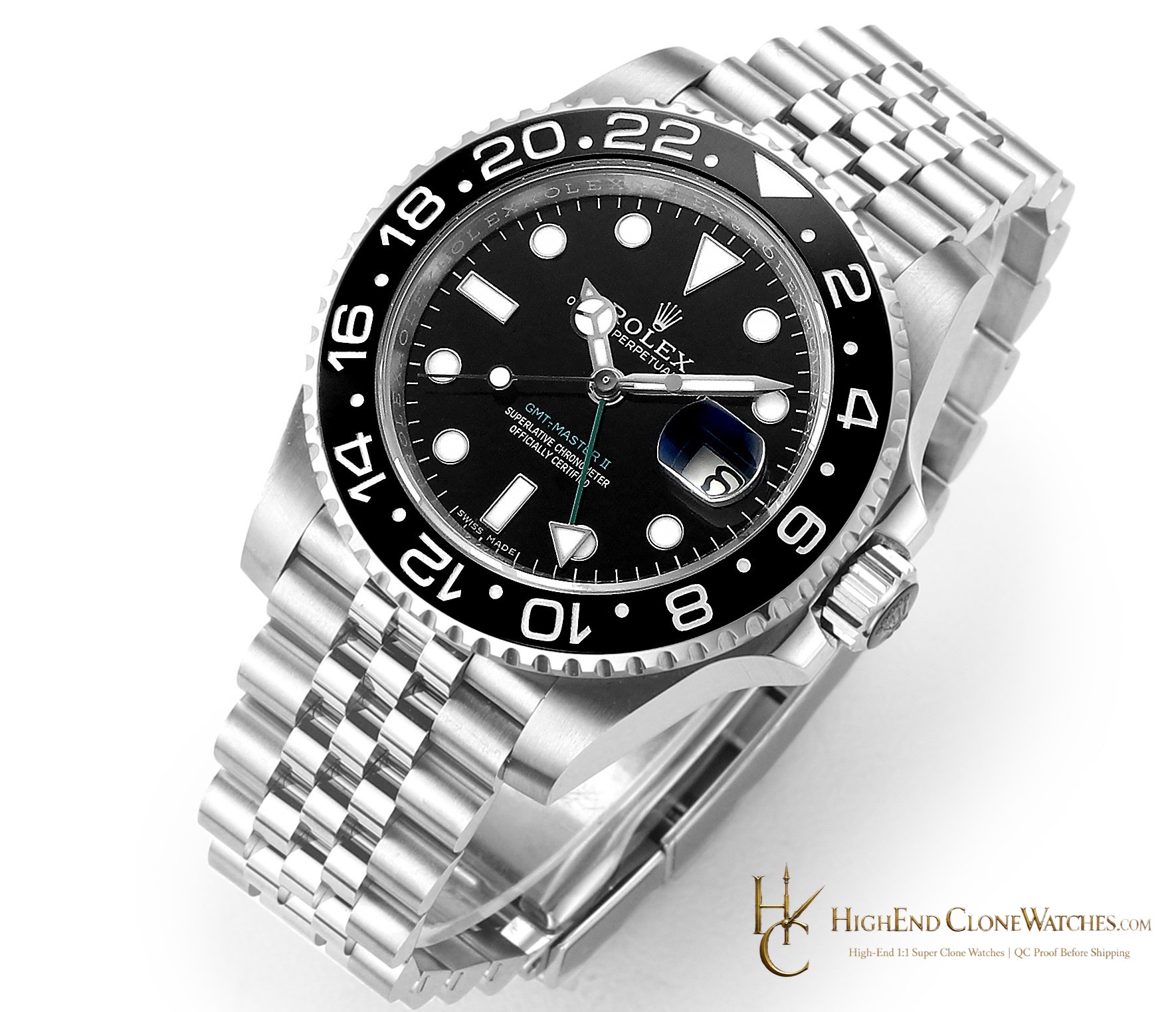 Rolex GMT-Master II 126710GRNR angled dial view super clone watch