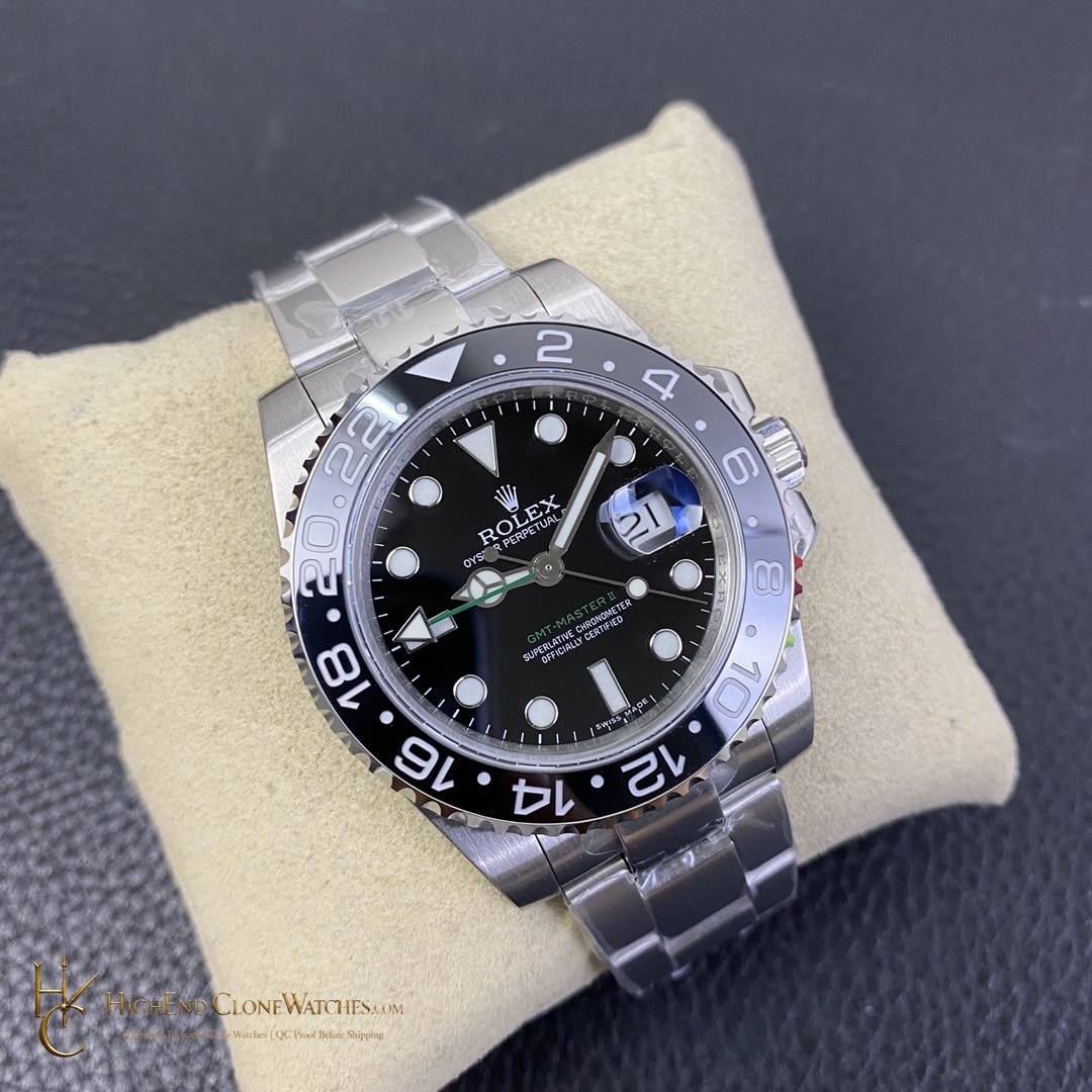 Rolex GMT-Master II 126710GRNR angled dial view super clone watch