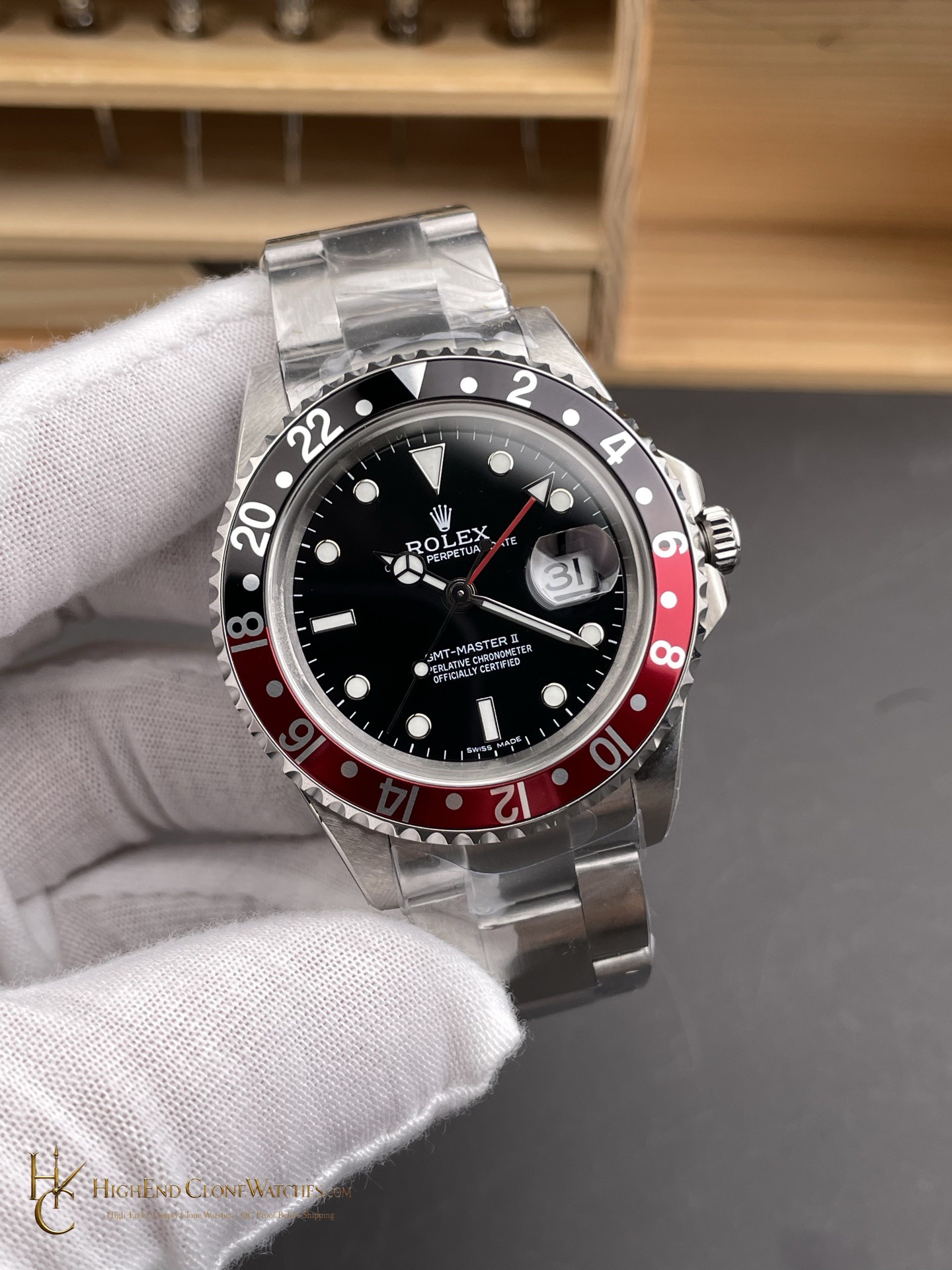 Rolex GMT-Master II 16710 angled dial view super clone watch