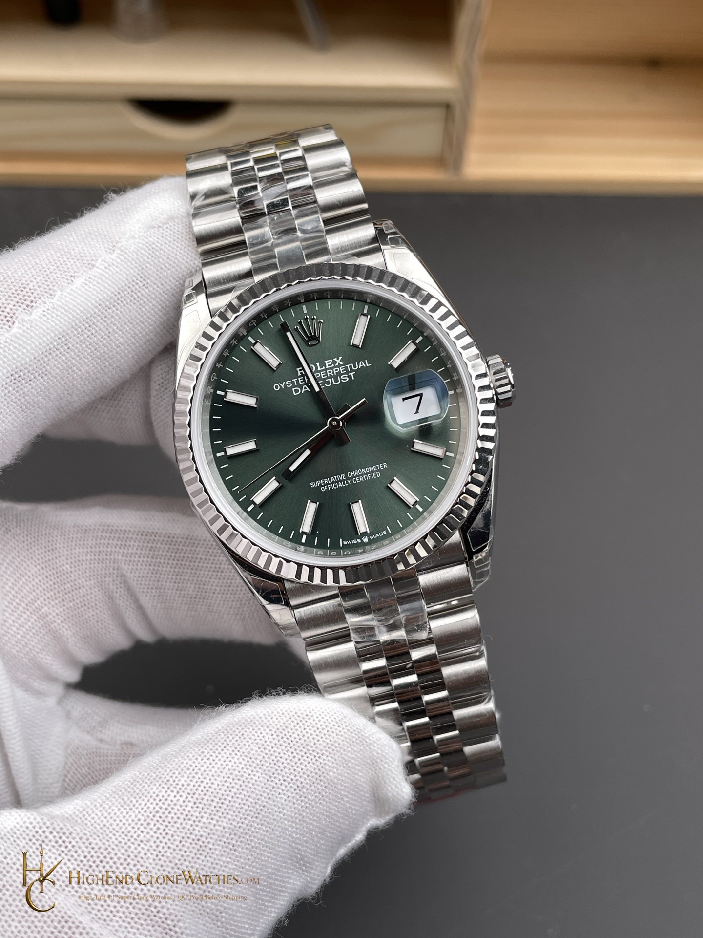 Rolex Datejust 36 Ref. 126234 angled dial view super clone watch