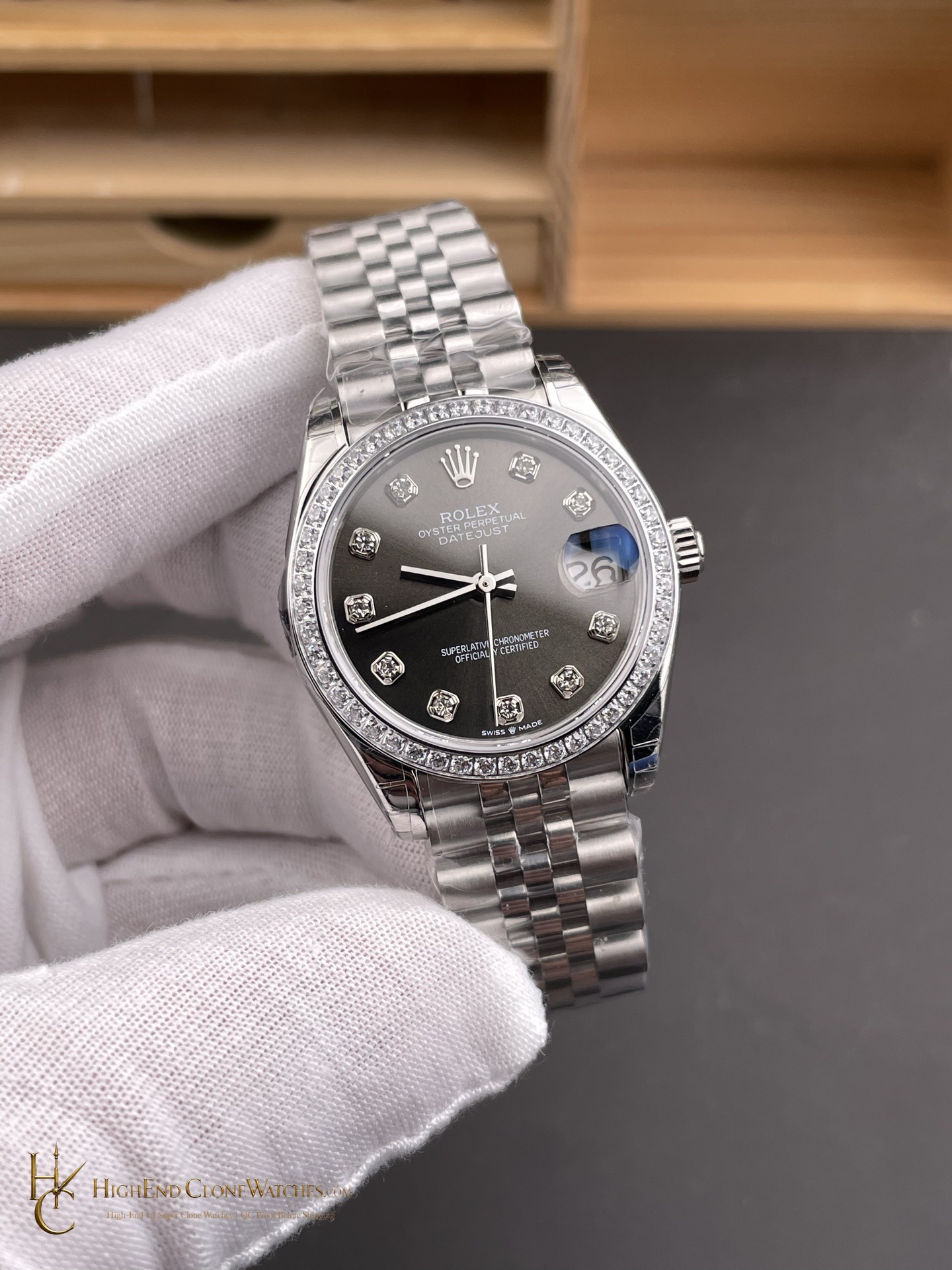 Rolex Datejust 278384RBR angled dial view super clone watch