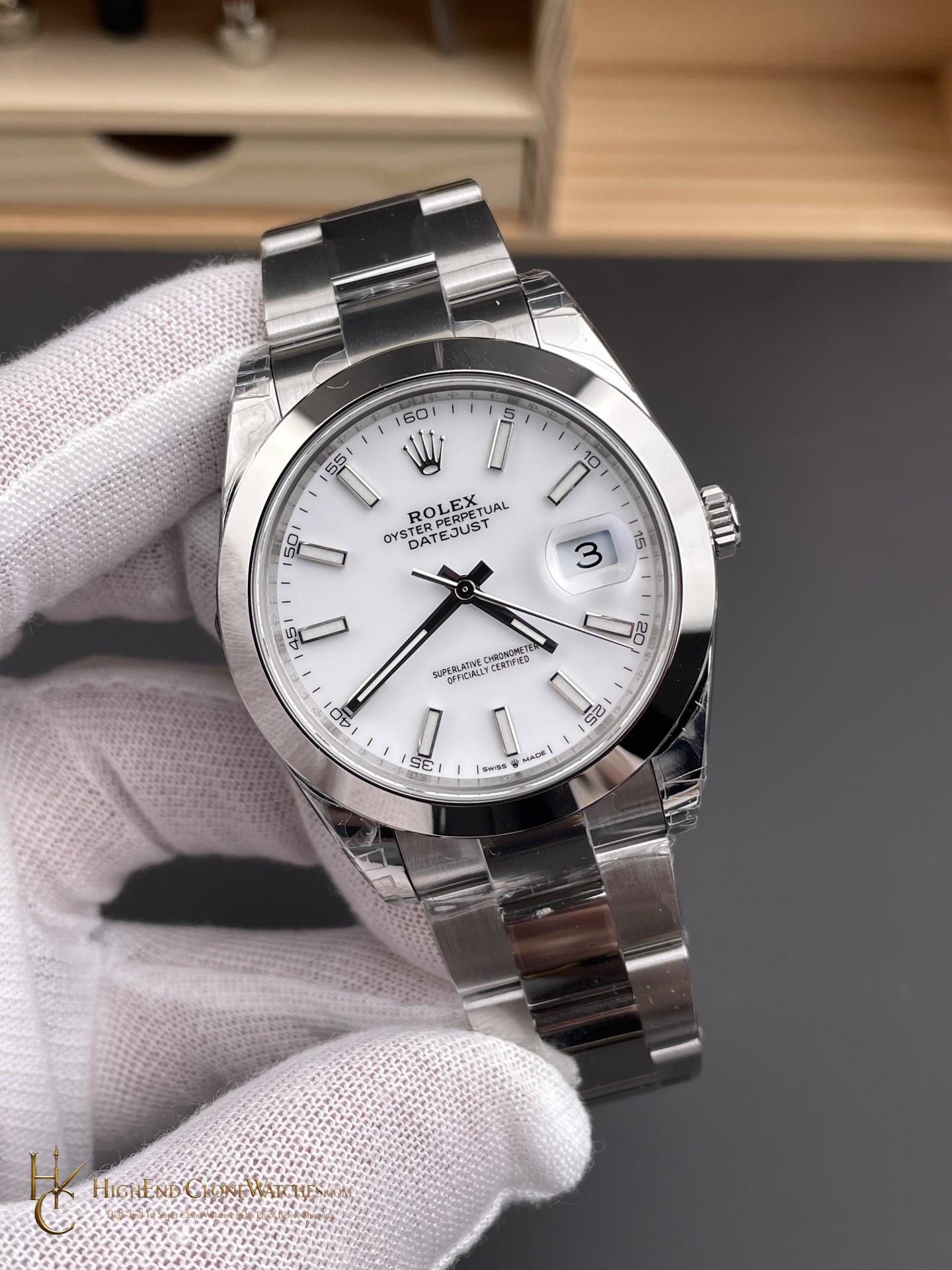Rolex Datejust 41 Ref. 126300 angled dial view super clone watch