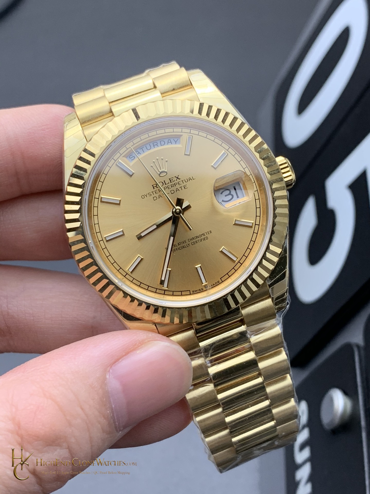 Rolex Day-Date 40 Ref. 228238 angled dial view super clone watch